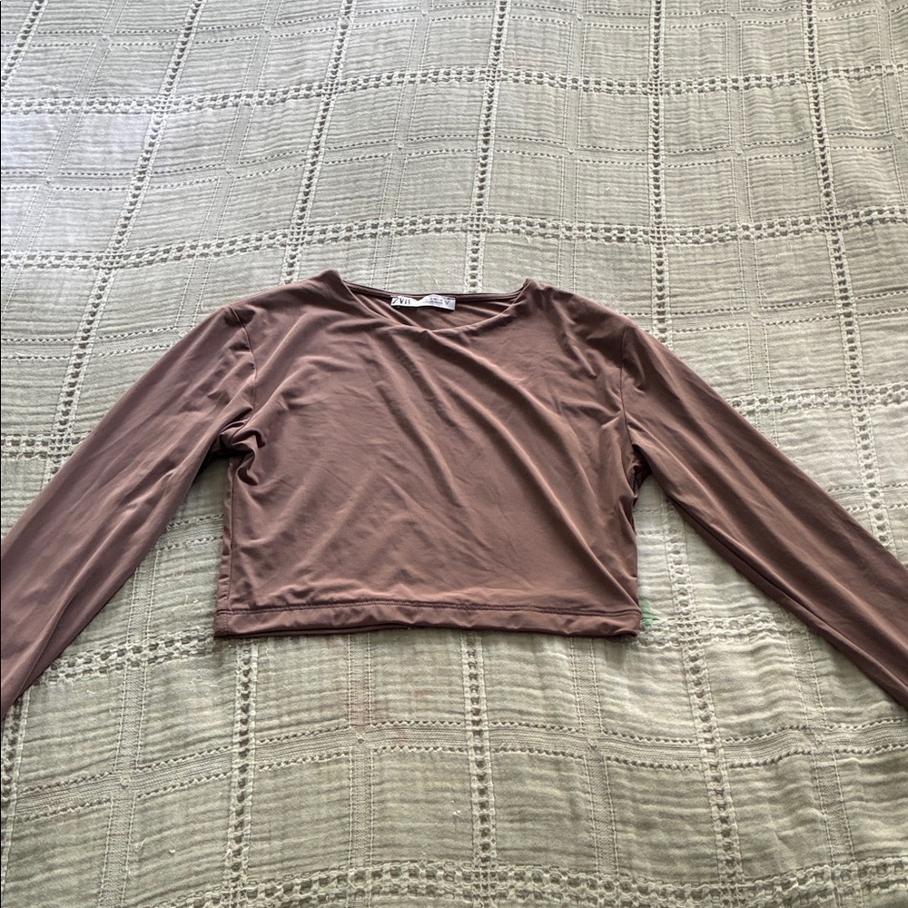 Zara Brown Long Sleeve Cropped Tee